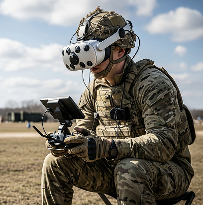 Soldier with VR goggles and drone controller