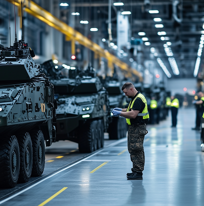 Massive armored vehicles being inspected on a production line, with workers applying final checks to the armor plating, showcasing the strength and precision of military manufacture Massive armored vehicles being inspected on a production line, with workers applying final checks to the armor plating, showcasing the strength and precision of military manufacture