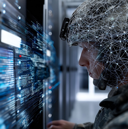 Malware prevention ransomware infrastructure. Trojan detection. Spyware detection. Endpoint vulnerability. Zero-day detection. Soldier interacting with digital technology and data streams. Malware prevention ransomware infrastructure. Trojan detection. Spyware detection. Endpoint vulnerability. Zero-day detection. Soldier interacting with digital technology and data streams.