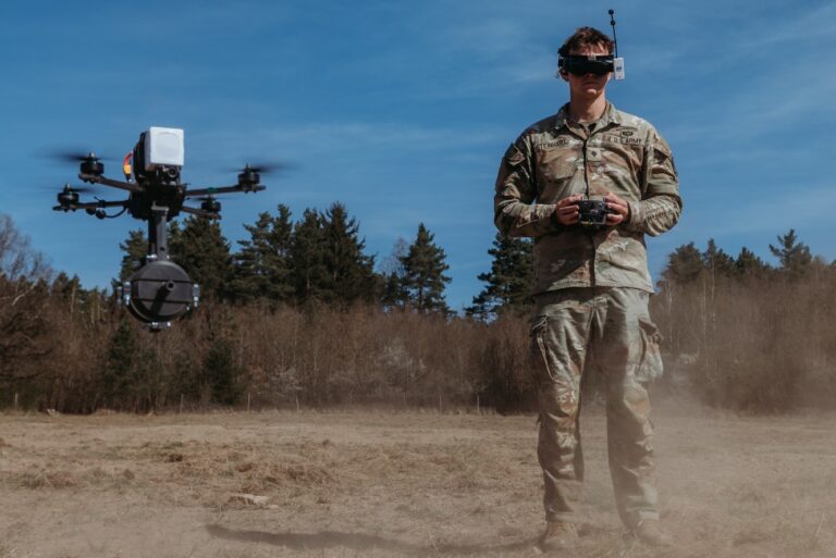 Soldier operating a drone